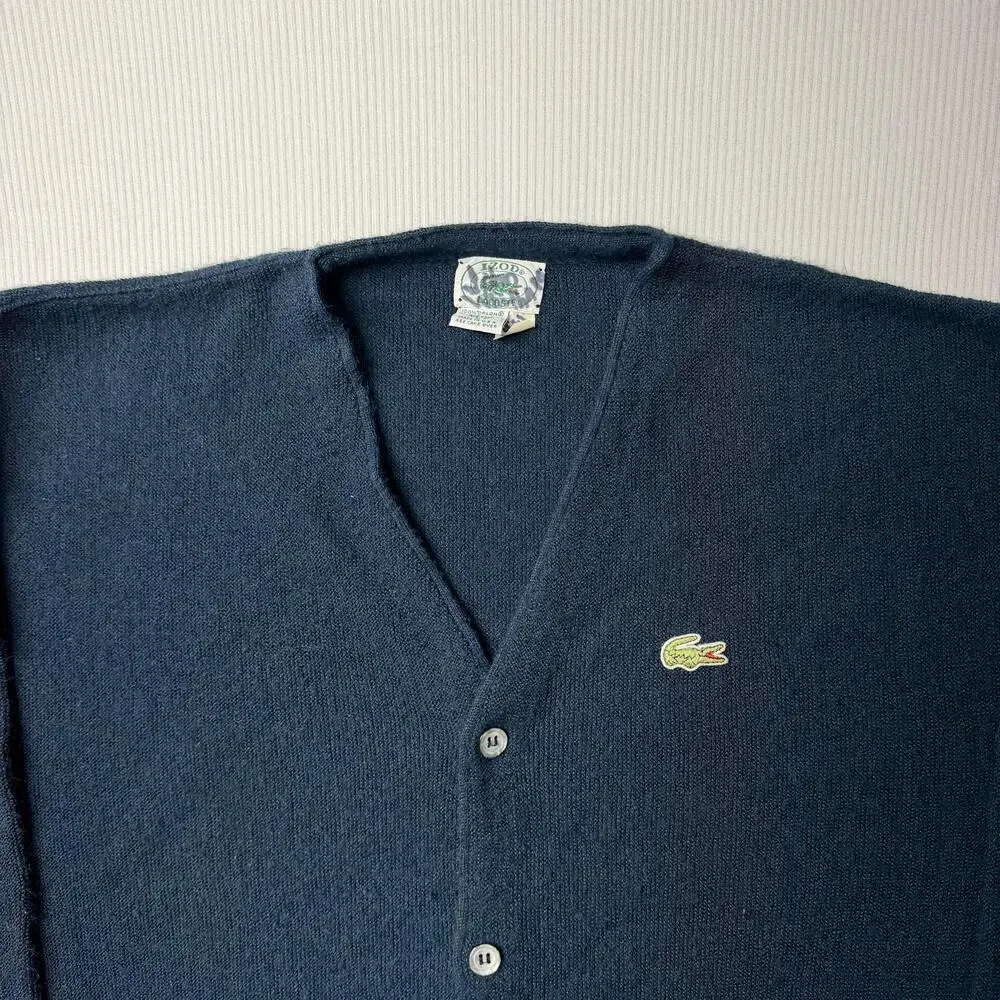 Vintage Izod Lacoste Sweater Mens Large Blue V Neck Cardigan Orlon Acrylic 80s